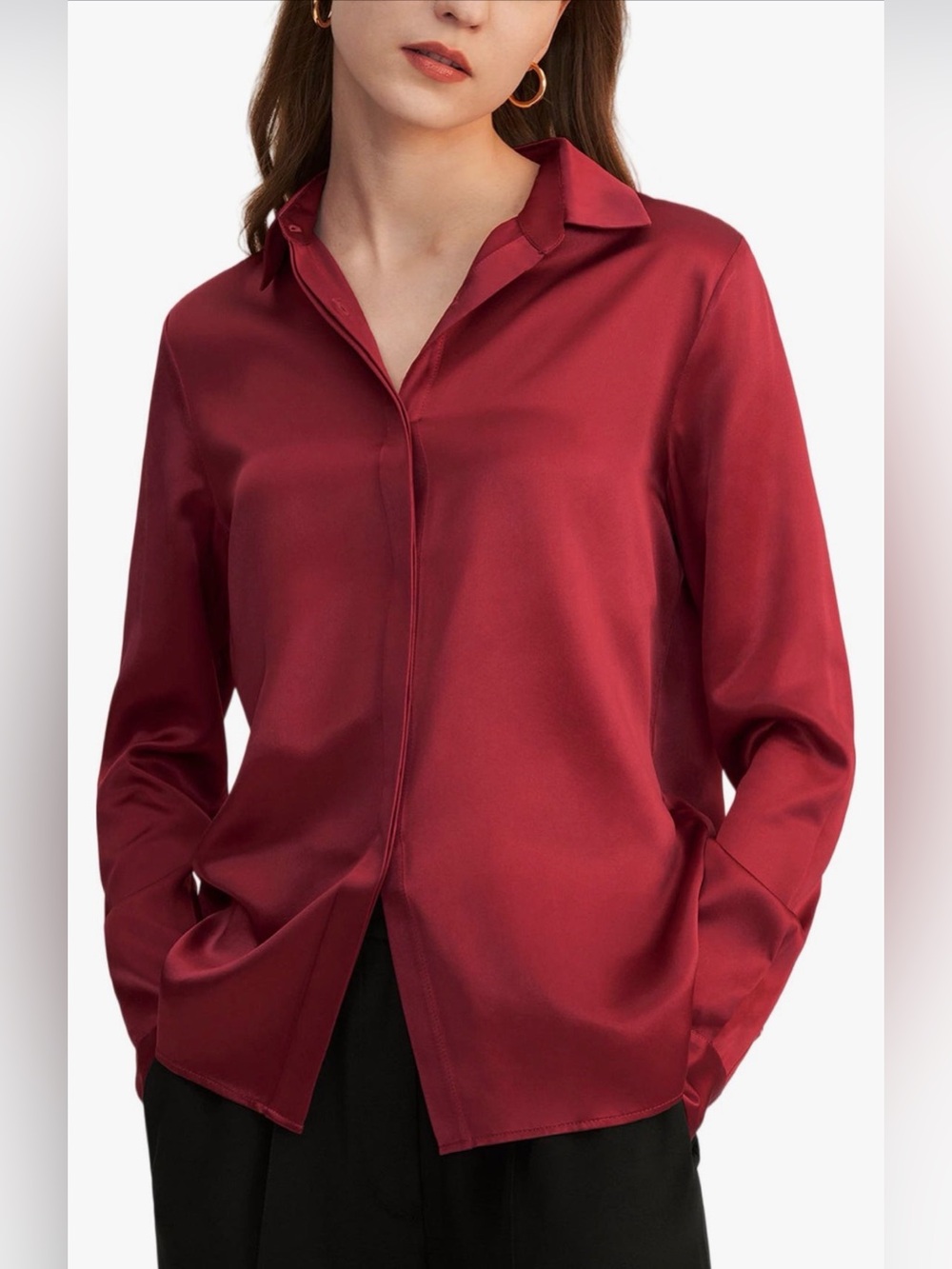 Chico's Burgundy Satin Button Down Blouse Size 1 Medium Long Sleeve Wine Red